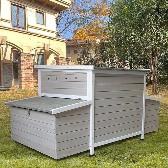 Chicken Coop, 58" Wooden Chicken Coop with 2 Sides Large Nesting Boxes for 4-6 Chickens, Poultry Hutch Rabbit Cage with No-Slip Ramp & Pull-Out Tray for Outdoor Farm Yard (White Grey)