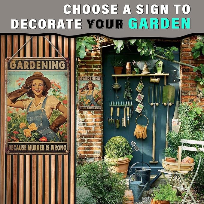 PEACHGARDEN Vintage Garden Sign Gardening Because Murder Is Wrong Retro Rustic Metal Tin Sign Funny Gardening Gift for Women Outdoor Wall Decor for Garden Lovers 8x12inch