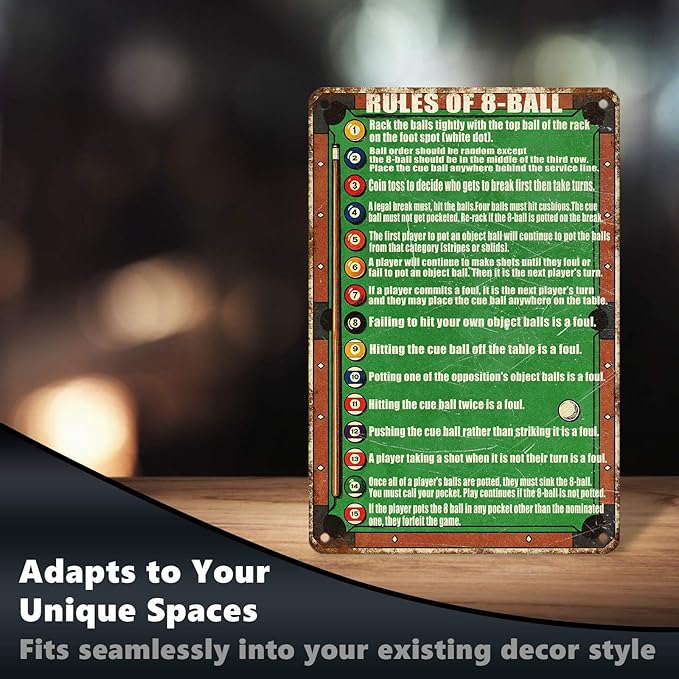 Pool Table Room Decor 8 Ball Rules Sign Retro Pool Table Tin Sign Vintage Metal Poster Nostalgic Wall Art Bar Pub Man cave Shop Living Room Bathroom 12 * 8 In