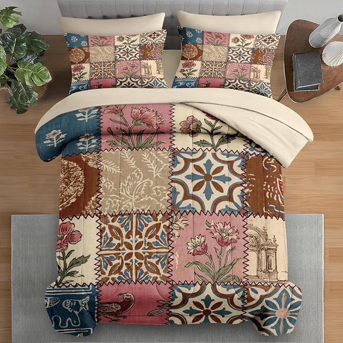 Comforter Set Full Size, Country Plaid Patchwork 7 Pcs Bedding for Kids and Adults, Flower Geometric Retro Bed Sheet Sets with Fitted Sheet 2 Pillowcases & 2 Shams for Bedroom Bed Decor