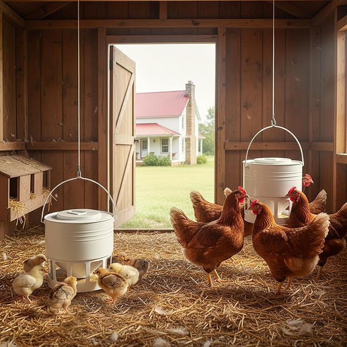 KOL Hanging Chicken Feeder – 20lbs Metal Chicken Feeder No Waste, Adjustable Poultry Feeder with 12 Ports, No Installation & Universal Height Design (Jade White)