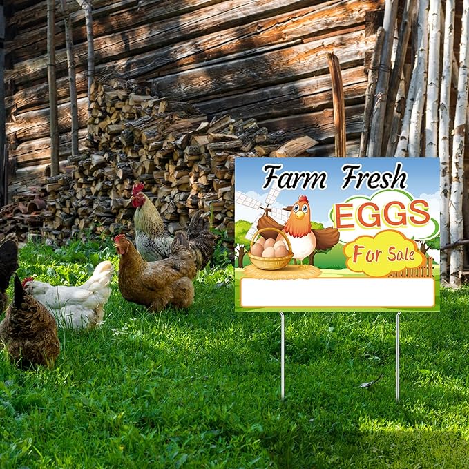Hicarer 3 Pcs Farm Fresh Eggs for Sale Sign 12 x 16 Inch Large Fresh Chicken Eggs for Sale Yard with 6 Stakes Weatherproof Corrugated Plastic Farm Sign Outdoor Home Decor