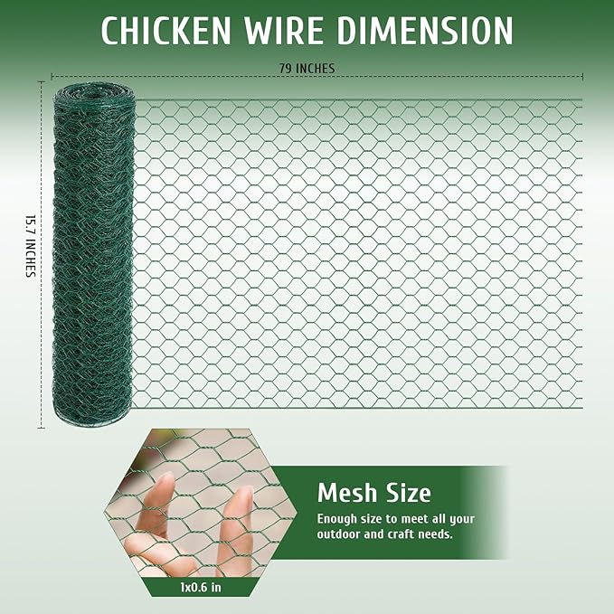 Chicken Wire for Floral Arrangements, 15.7x79in Green Mesh, 0.6in Hexagonal Galvanized PVC Coated Netting, Garden Fence for Crafts, Poultry, Plant Protection, DIY Projects
