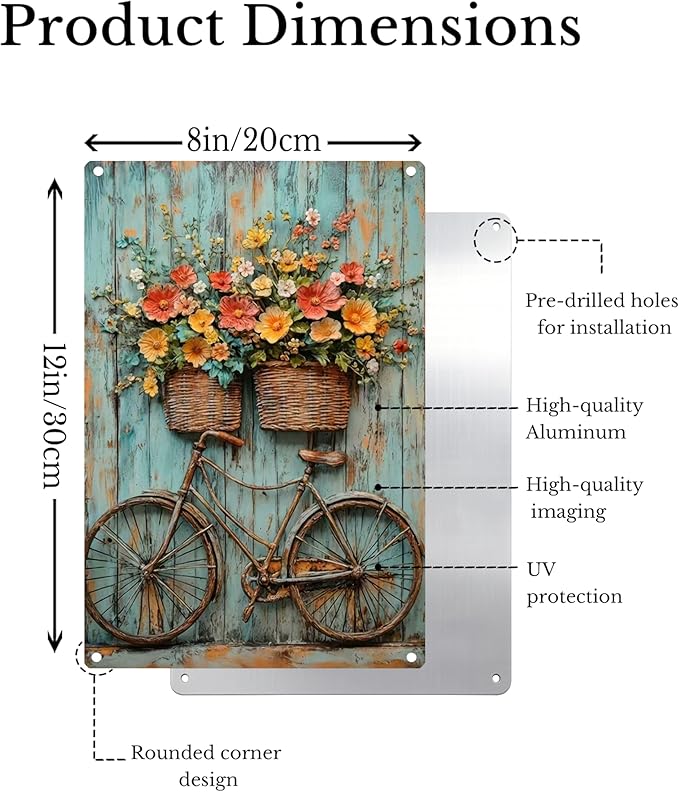 Vintage Floral Bicycle Metal Sign Rustic Farmhouse Daisy Floral Wildflowers Tin Signs Flower Still Life Bike Aluminum Wall art for Home Garden Patio Farm Yard Bar Bathroom Decor 8x12 Inch