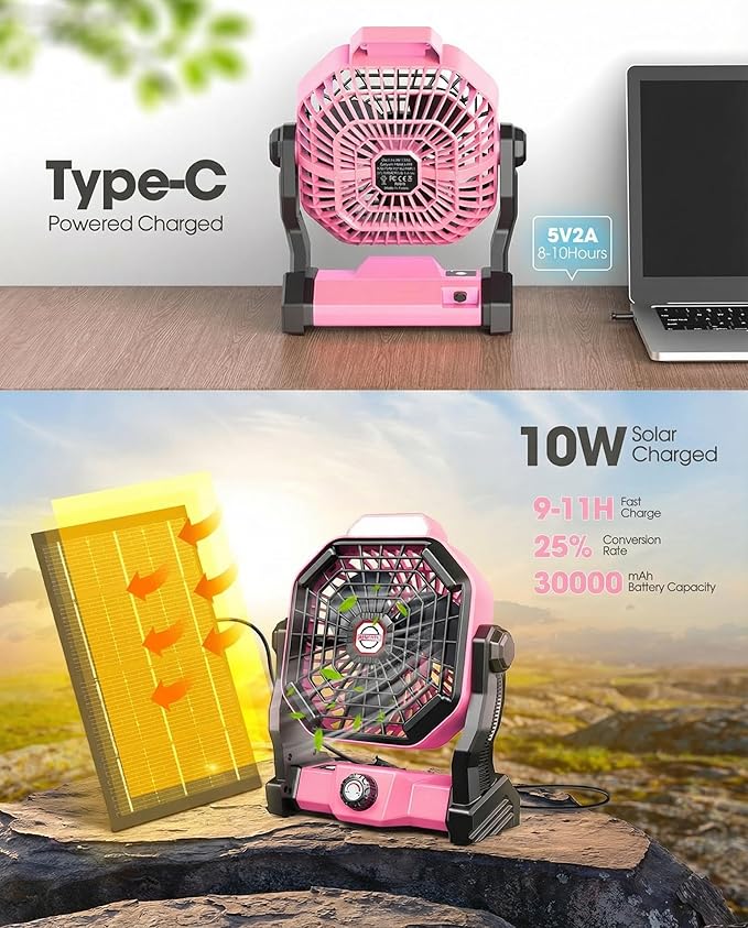 Rechargeable Solar Fan,【Max 60H Runtime】Camping Fan with Solar Panel, 10W 9-Inch Battery Operated Fans for Outside, LED Lantern, Stepless Speed Battery Powered Solar Tent Fans for Outdoor, Barbecue