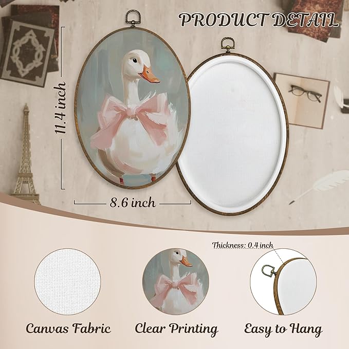 LKETW Coquette Pink Bow Goose Oval Wall Art Decor, Vintage Goose Oval Canvas Hanging Decor, Preppy Farmhouse Animal Wall Decorations for Girly Room Bedroom Dorm Home, 8.6x11.4 Inch