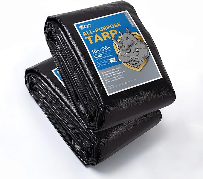 GUARD SHIELD Tarps Heavy Duty Waterproof 10x20 Feet Black Poly Tarp Cover Outdoor Thick UV Resistant Tarpaulin with Grommets 10mil (2-Pack)