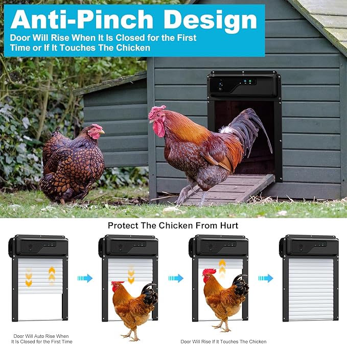 Automatic Chicken Coop Door with HD Camera, Talkback Function, 5000mAh Battery, WiFi Enabled, APP-Based Monitoring, Remote Control and Timer, Solar Powered Auto Chicken Door with Anti-Trap Sensor