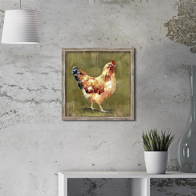 Rustic Farmhouse Wood Wall Art: Chicken Framed Print Decor Farm Animal Picture Artwork Country Hen Painting Decorations for Kitchen Home Bathroom Bedroom 12 x 12 Inches