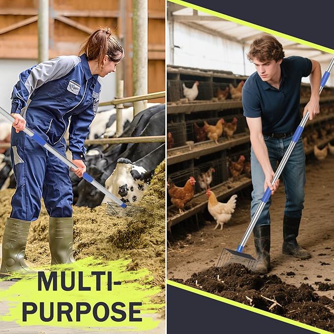Chicken Poop Scooper,10" Heavy Metal Chicken Poop Scooper, 4-in-1 Multifunctional Litter Sifter with 32" - 75" Adjustable Stainless Steel Handle, Ideal for Chicken Coops, Pet Areas, and Farm Cleanup