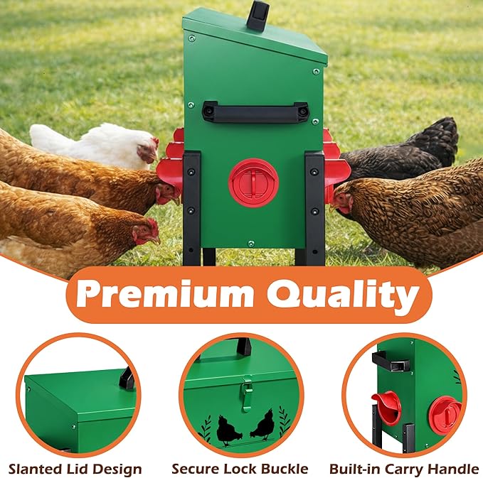 Large Capacity Automatic Chicken Feeder, 8 Port Chicken Feeder, 48LB Metal Chicken Feeders with Locking Lid & Adjustable Legs, No Waste Chicken Feeder, Green