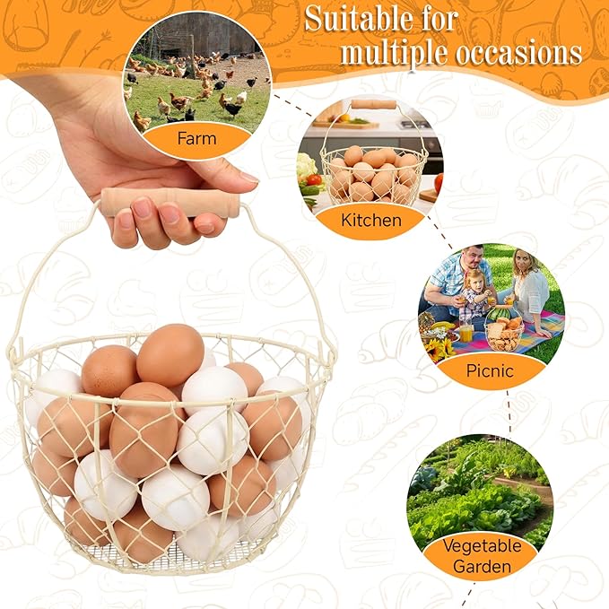 Egg Basket With Handle,Wire Egg Basket for Gathering Fresh Eggs, Round Egg Collecting Basket for Farm,Vintage Style Chicken and Duck Eggs Basket Egg Countertop Storage Container Holder ﻿(White)
