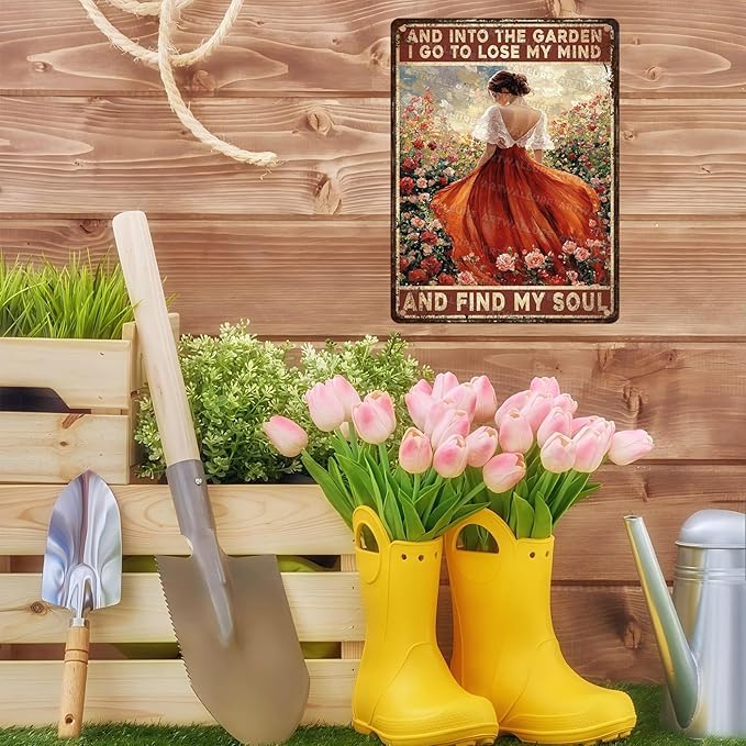 And Into The Garden I Go Metal Tin Sign Vintage Rustic Wall Decor Art Floral Retro Plaque Outdoor Patio Garden Decor 12x16inch