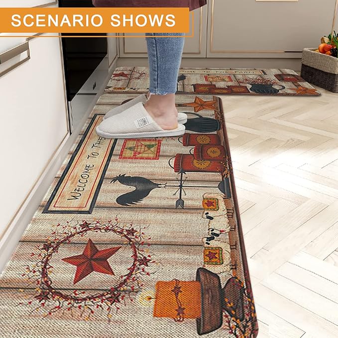 Roszwtit Farmhouse Kitchen Rugs and Mats Set of 2, Welcome to The Farm Rooster Kitchen Mat, Seasonal Holiday Cooking Sets Washable Non-Slip Floor Mats for Home Kitchen Decor - 17x29 and 17x47 Inch