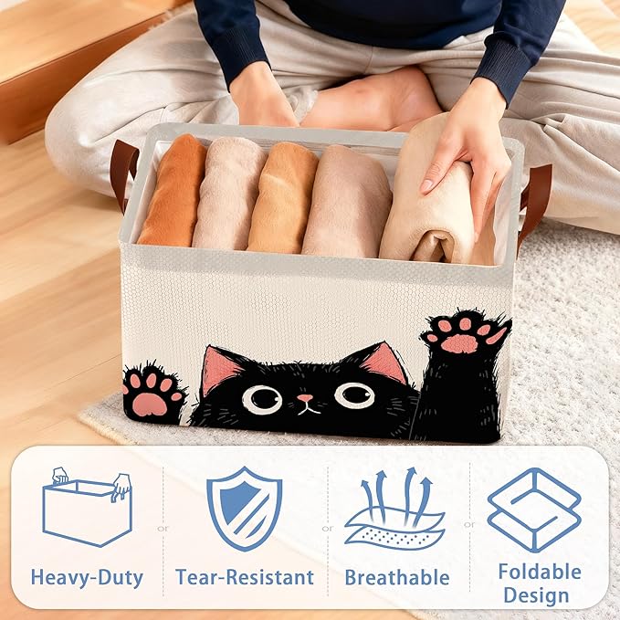 Funny Black Cat Storage Baskets,Foldable Organizer Bin with Handles for Home Living Room Bedroom Closet Box 17x11.5x10Inch