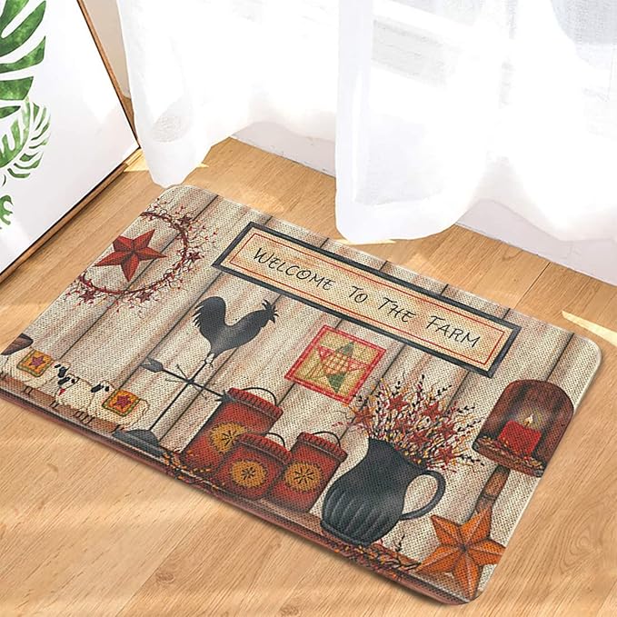 Roszwtit Farmhouse Kitchen Rugs and Mats, Welcome to The Farm Rooster Door Mat, Seasonal Washable Non-Slip Floor Mats for Home Kitchen Decor 30x17 Inch