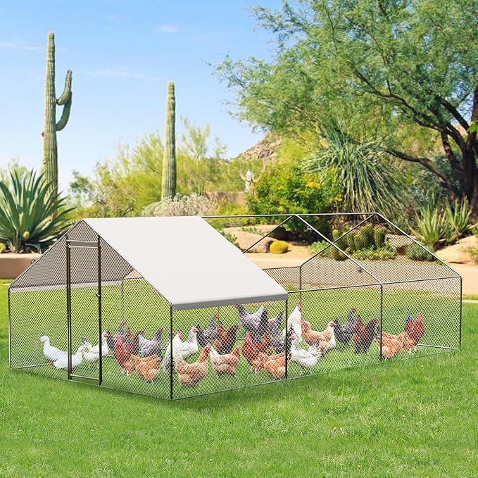 Large Walk-in Chicken Coop with Run, 9.8' x 19.7' Outdoor Chicken Runs for Yard with Cover, Metal Poultry Cage for Chickens, Ducks, Birds