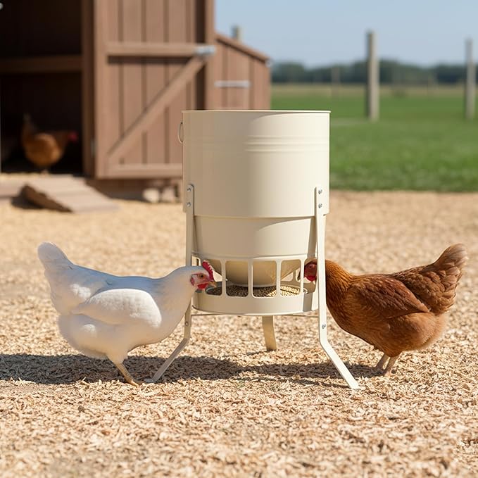 KOL Chicken Feeder No Waste for Coop & Outdoors, 16 Port 50lbs Poultry Feeder with Spill-Control Design, Rust-Proof Powder Coated Metal & Smooth Safe Edges (Jade White)