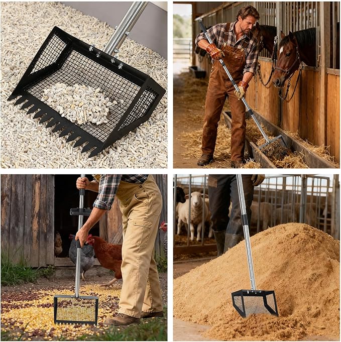 Garvee Chicken Poop Scooper and Rake 2-in-1, 15'' Wide Chicken Coop Scoop with 24'' - 68.8'' Adjustable Handle for Pet Waste Cleaning, Metal Sifting Shovel, Heavy Duty Cleaning Tools, Black
