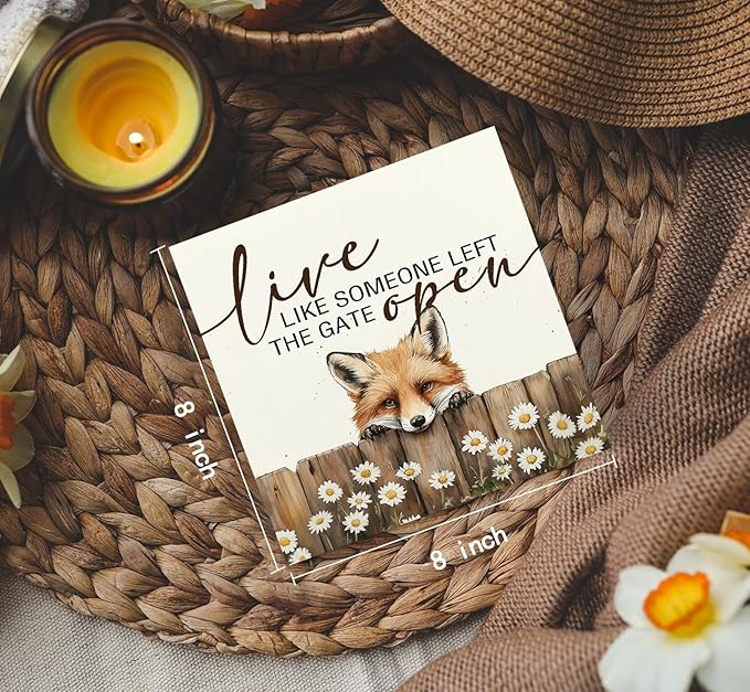 Fox Wooden Box Sign - Rustic Farmhouse Live Like Someone Left the Gate Open Signs for Home Decor,Farm Cottagecore Animal Office Kitchen Bedroom Decor,Fox Gifts for Women Men, 8x8
