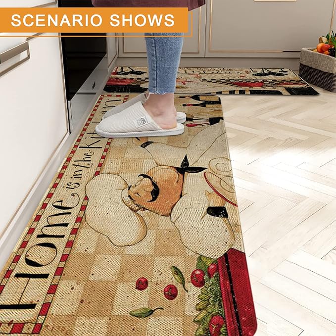 Roszwtit Farmhouse Kitchen Rugs and Mats Set of 2, Home is The Kitchen Chef Kitchen Mat, Seasonal Holiday Cooking Sets Washable Non-Slip Floor Mats for Home Kitchen Decor - 17x29 and 17x47 Inch