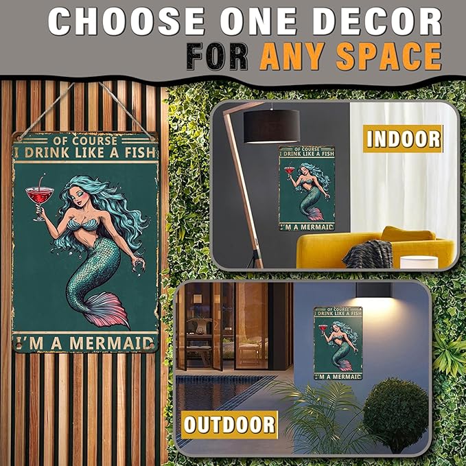 Vintage Mermaid Sign Course I Drink Like A Fish I'm A Mermaid Retro Metal Tin Sign for Home Coffee Wall Decor 8x12inch