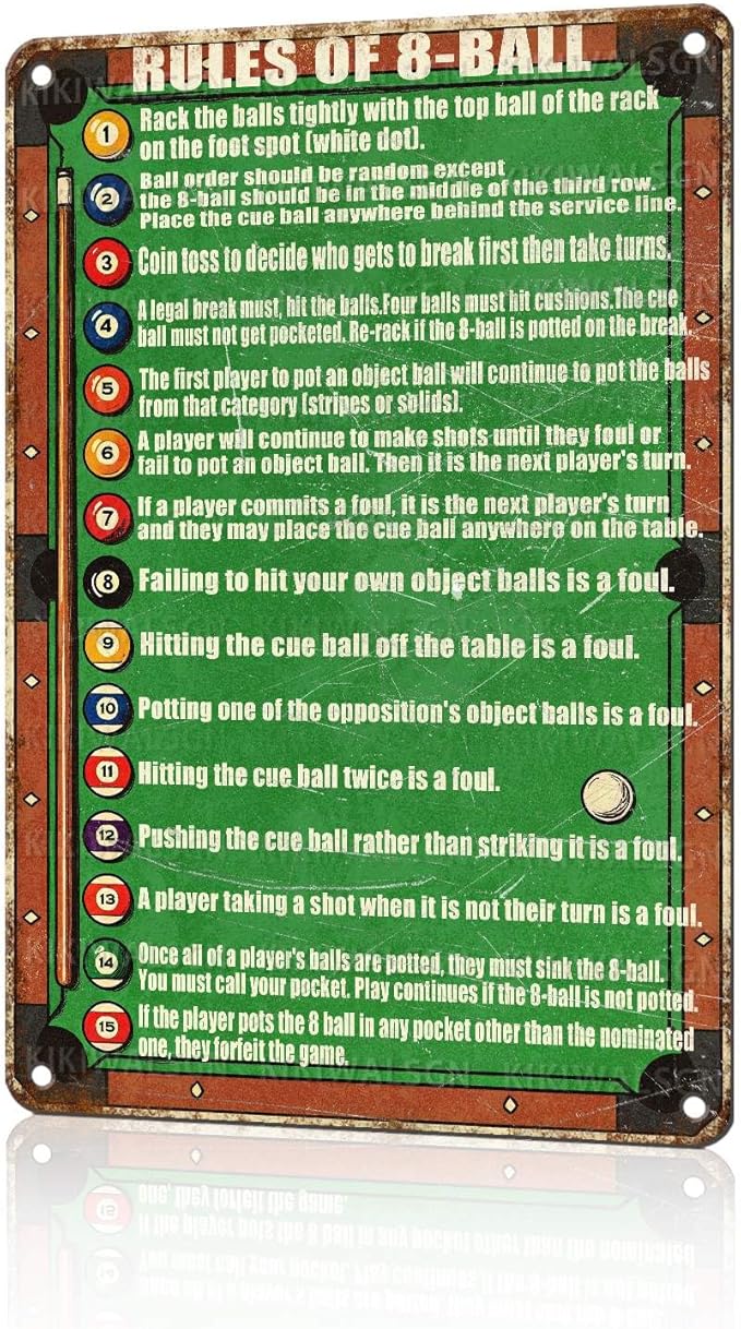 Pool Table Room Decor 8 Ball Rules Sign Retro Pool Table Tin Sign Vintage Metal Poster Nostalgic Wall Art Bar Pub Man cave Shop Living Room Bathroom 12 * 8 In