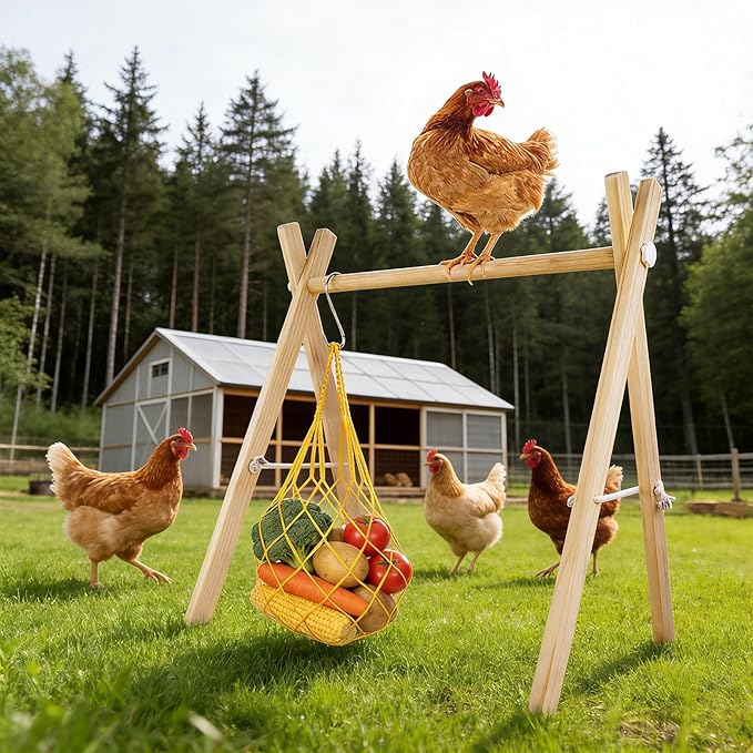 Chicken Perch & Swing Set for Coops, Wooden Roosting Bars with Feeding Net, Easy Assemble Chicken Coop Accessories for Backyard Poultry