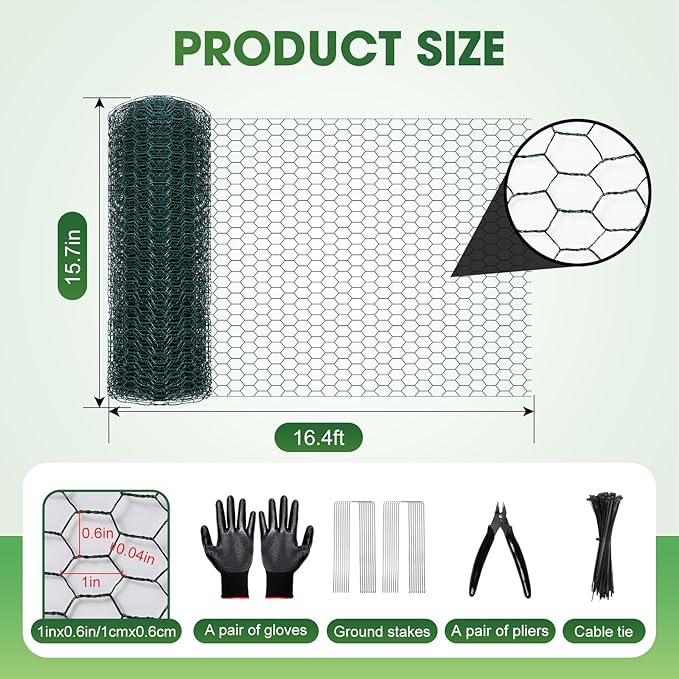 Chicken Wire for Floral Arrangements, 16 Inch x 16.4 Ft Green Chicken Wire Fencing Mesh for Crafts Poultry Garden, 0.6 Inch Hexagonal Galvanized PVC Coated Netting Fence for Outdoor Plants