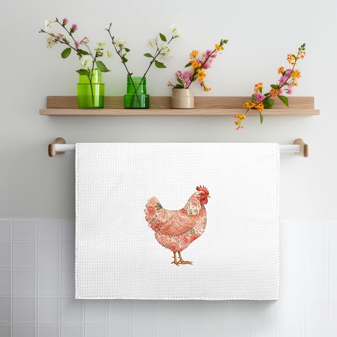 Rustic Pink Floral Rooster Kitchen Towels, Gifts for Chicken Lovers Dish Tea Towels, Farmhouse Flower Chicken Decorative Hand Towel for Bathroom Kitchen, 16x24 Inch