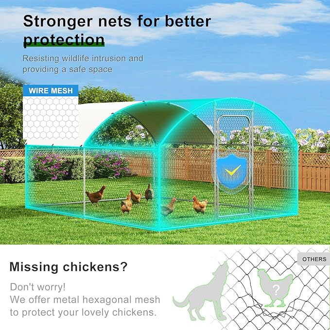 Large Metal Chicken Coop Walk-in Poultry Cage with Waterproof and UV-Resistant Cover, Outdoor Chicken Run Poultry Hen House for Backyard Farm Use,Dome Roof(10’ W x 13.2’ L x 6.4’ H)