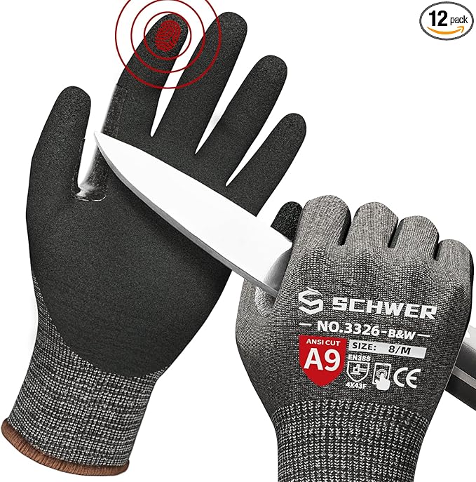Schwer 12 Pairs ProGuard Highest Level Cut Resistant Work Gloves PR3326 for Extreme Protection，ANSI A9 Cut Gloves with Reinforced Thumb, Non Slip, Breathable, Durable, Touch-screen, Black (M