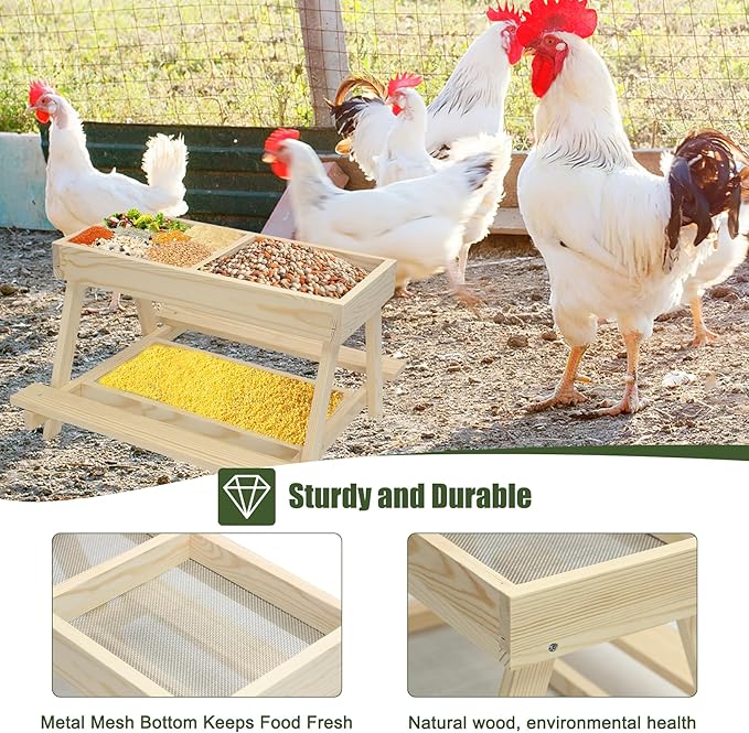 Double Chicken Picnic Table Large Capacity Handmade Wooden Chicken Feeder, Mesh Bottom for Easy Cleanup, Suitable for Chickens, Ducks