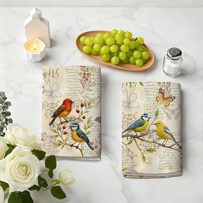 Vintage Birds Kitchen Towels, Retro Rustic Dish Towels for Kitchen Set of 4, Cute Birds Tea Towel Decor for Party Anniversary Holiday Decoration Housewarming Gifts