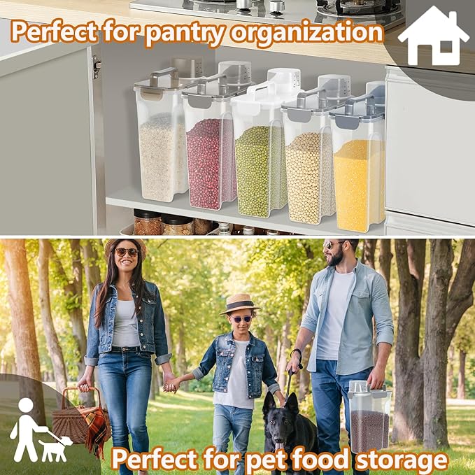 5-7 Lbs Dog Cat Food Storage Container, Portable Travel Pet Food Storage Container with Measuring Cup, Easy-Pouring Bird Seed Dispenser, Airtight Rice Cereal Oatmeal Flour Dispenser -Light Grey