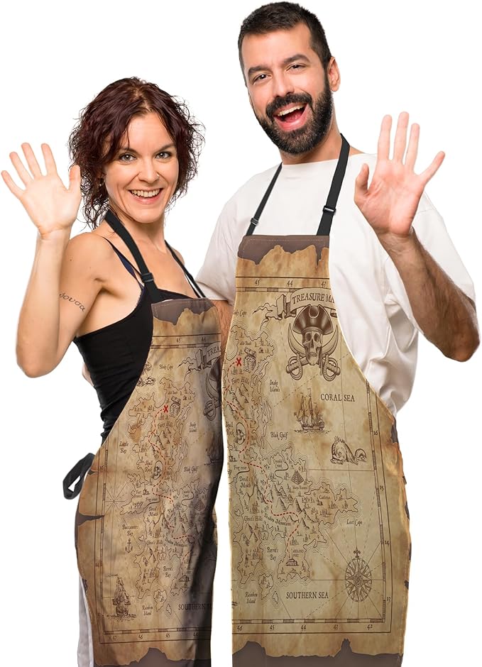 Baking Apron for Women Pirate Treasure Map Fun Aprons for Men for Kitchen Cooking Restaurant BBQ Painting Crafting 27” (W) x 31” (H), Waterproof Aprons