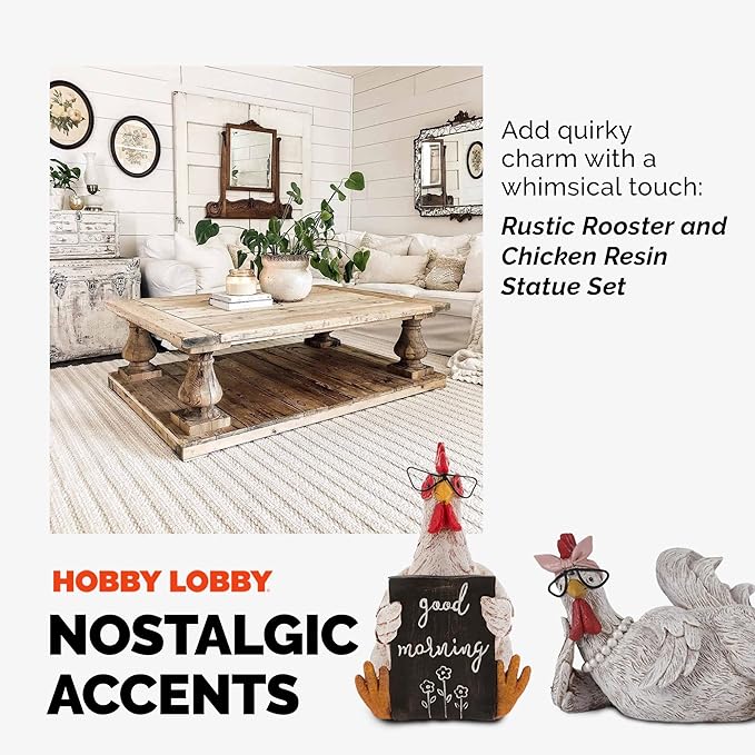 Rustic Rooster and Chicken Resin Statue Set – Distressed Faux Taxidermy – Resin & Metal Animal Sculptures – Country Western Themed Party Decorations – Farmhouse Style Decor for Home, Office & More