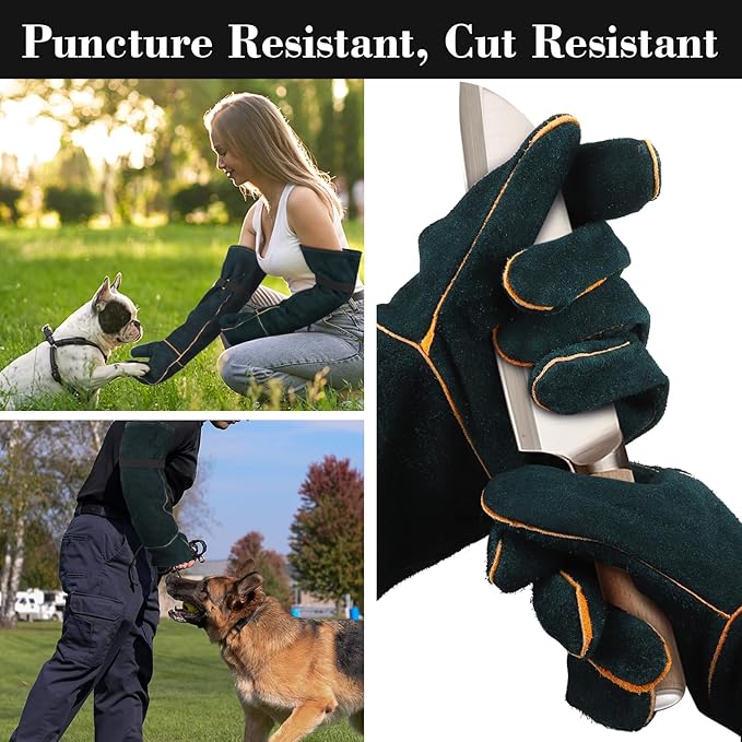 Animal Handling Gloves - 23.6 inch Bite Proof Gloves, Anti Scratch Cowhide Leather for Cat Grooming, Snake Animal Handling