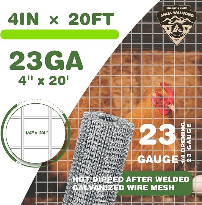 Hardware Cloth 1/4 Galvanized Wire Mesh Roll 4" x 20' (23 GA) - Chicken Wire Fence for Pens, Coops, Rabbit/Snake Fences, Poultry Enclosures, Crafting, and Screen Mesh