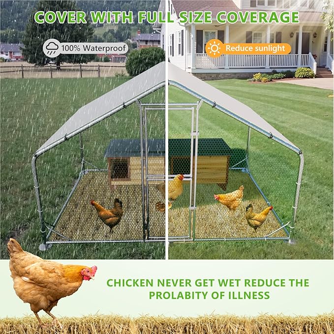 Large Metal Chicken Coop,Chicken Run for Yard with Feeding Door,Walk-in Chicken Pen,Outdoor Poultry Cage with Anti-UV Cover,Duck Rabbit House