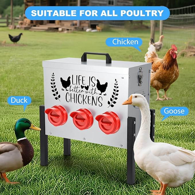 TGEYD 30 lb Chicken Feeder with 6 No-Waste Ports – Heavy-Duty Outdoor Metal Feeder with Adjustable Height, Locking Lid & Riveted Handles – Rustproof Feed Box for Poultry & Backyard Chickens
