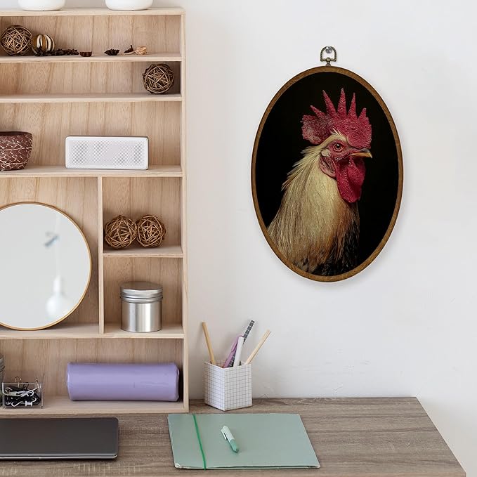 WULQYING Vintage Chicken Wall Art Decor, Moody Dark Academia Chicken Oval Framed Canvas Art Prints, Rustic Farmhouse Rooster Wall Hanging Decor for Home Bedroom Living Room, 8.6x11.4 Inches