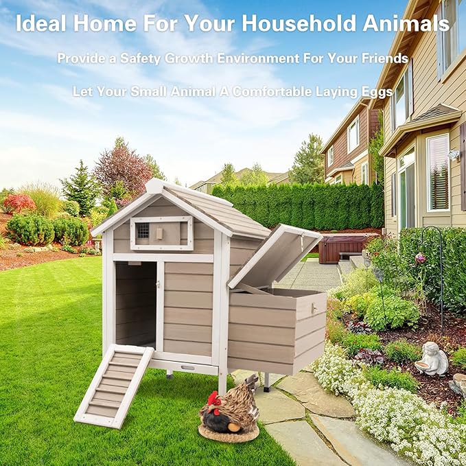Chicken Coop Rabbit Hutch with Removable Trays,Raised Floor Hen House with Nesting Box,Wooden Outdoor Poultry Cage Pet House with Ramp Run Hen Cage for Garden Backyard,Grey