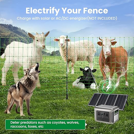 Electric Fence Netting, 49.6" H x 164'L Portable Livestock Nets, Electric Fence Kit with 14 Posts Double Spiked, PE Net Fencing for Cattle, Sheep, Goat, Hogs, Used in Backyards, Farms and Ranches