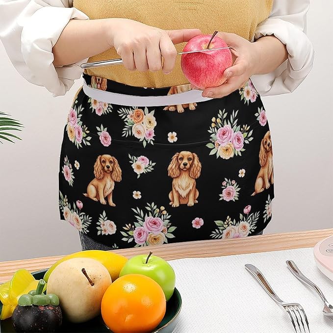 Unisex Chef Waiter Apron Waist Half Short Serving Aprons with 3 Pockets