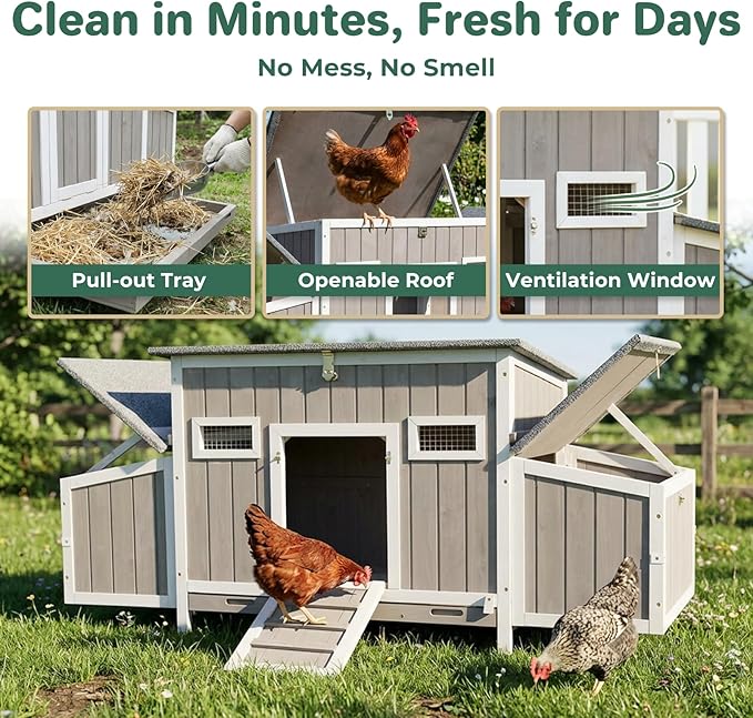 PetsCosset 106" Chicken Coop with Run, Large Chicken Tractor Outdoor Hen House for 2-6 Chickens with 4 Nesting Boxes, 4 Roosting Bars, Openable Roof, Fun Swing Pull-Out Tray for Farm Yard