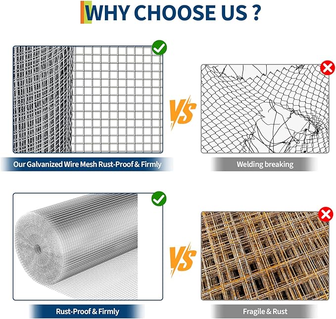 Hardware Cloth 1/2 inch - 48in x 50ft 19GA Heavy Duty Galvanized Chicken Wire Mesh Roll, Hot-Dipped After Welding for Chicken Coop, Rabbit Cages & Garden Fencing – Poultry Netting & Fencing