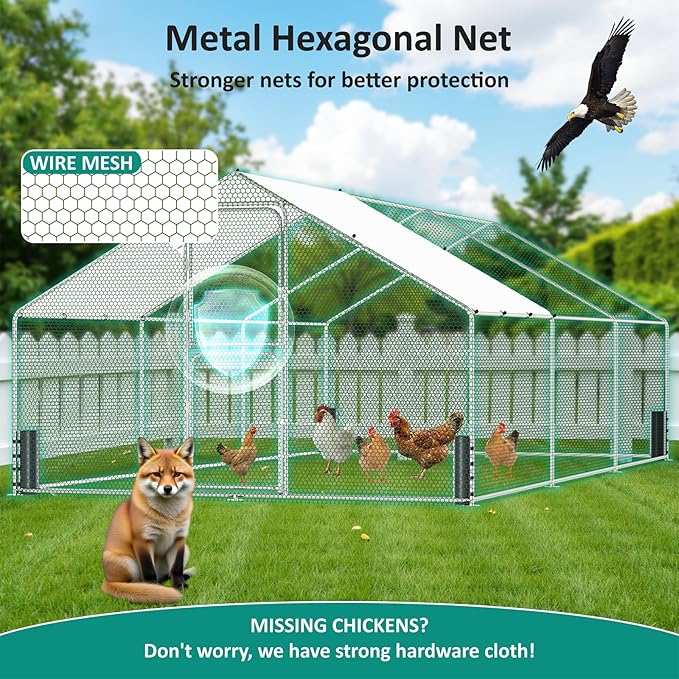 Large Metal Chicken Coop, Walk-in Chicken Run with Feeding Door, Security Lock and Cover, Outdoor Duck/Rabbit Cage Poultry Pen for Backyard, Farm, Yard (Silver - Spire Roof, 19.7 x 9.8 x 6.5 FT)