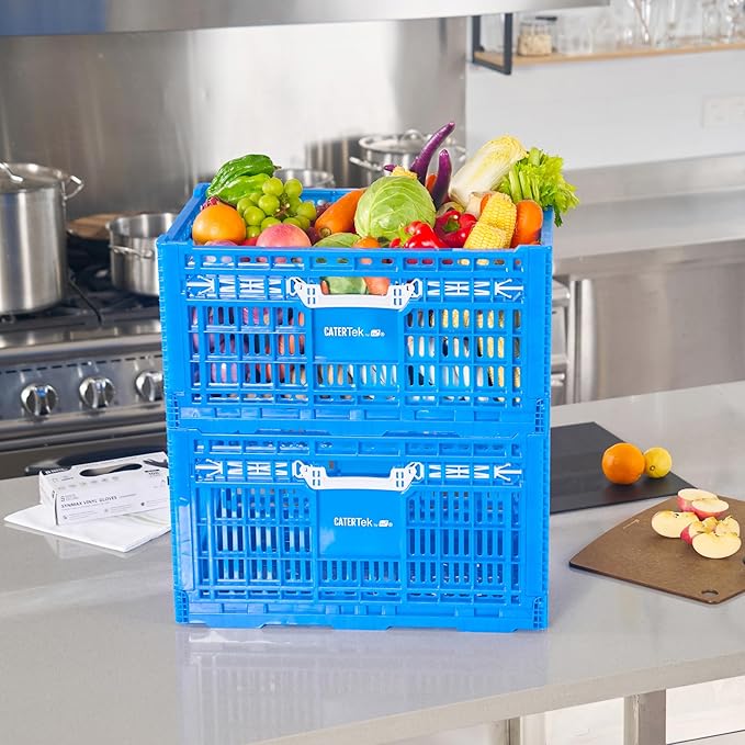 Restaurantware Plastic Milk Crates for Storage - 10 Pack - Cater Tek Stackable Storage Buns for Organizing - Collapsible Storage Basket for Groceries, Home Supplies, Blue