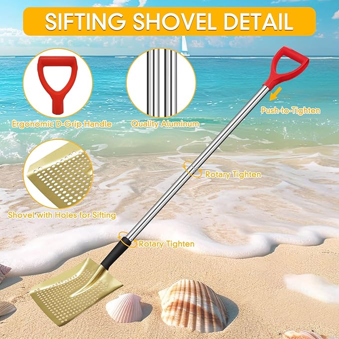 Sifting Shovel, Heavy Duty Metal Sand Sifter for The Beach, 53.5" Long Sand Sifter Shovel for Beach Fun, Chicken Coop, Farm Goat Stall Sand Poop Cleaning, with Ergonomic D-Grip Handle (Gold)